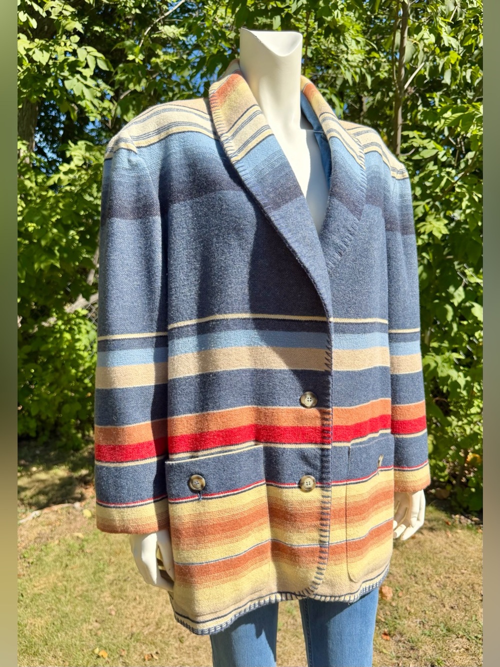 Vintage Express EXP Womens Stripe Blanket Coat Southwestern Western Italy Blazer